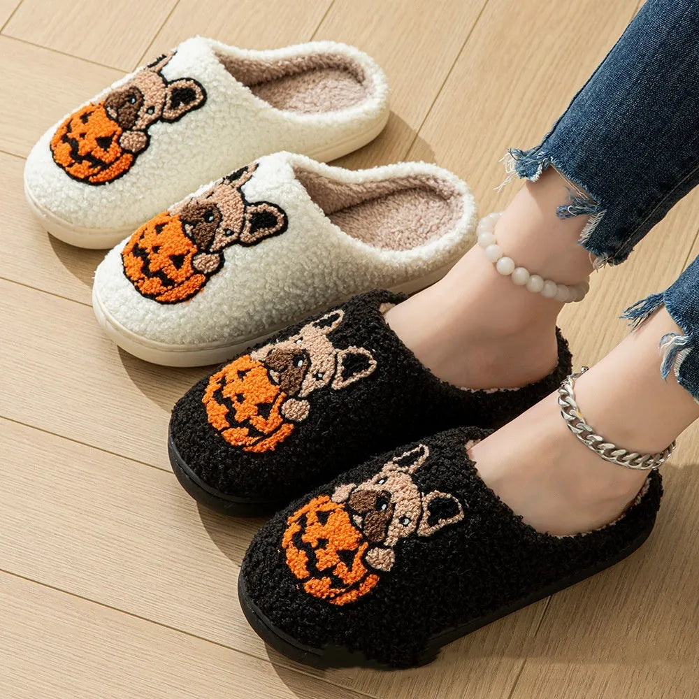 Halloween pumpkin design slippers in plush cotton with non-slip rubber soles