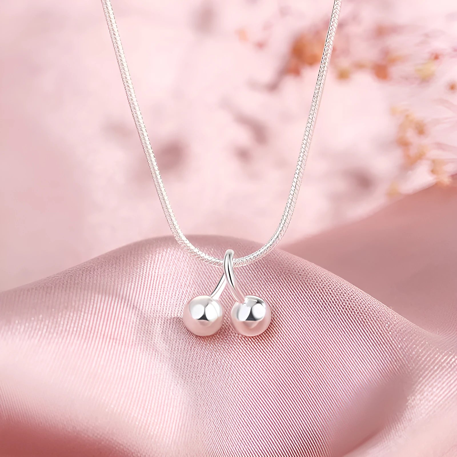Sterling silver cherry necklace with adjustable snake bone chain, 21-50cm length