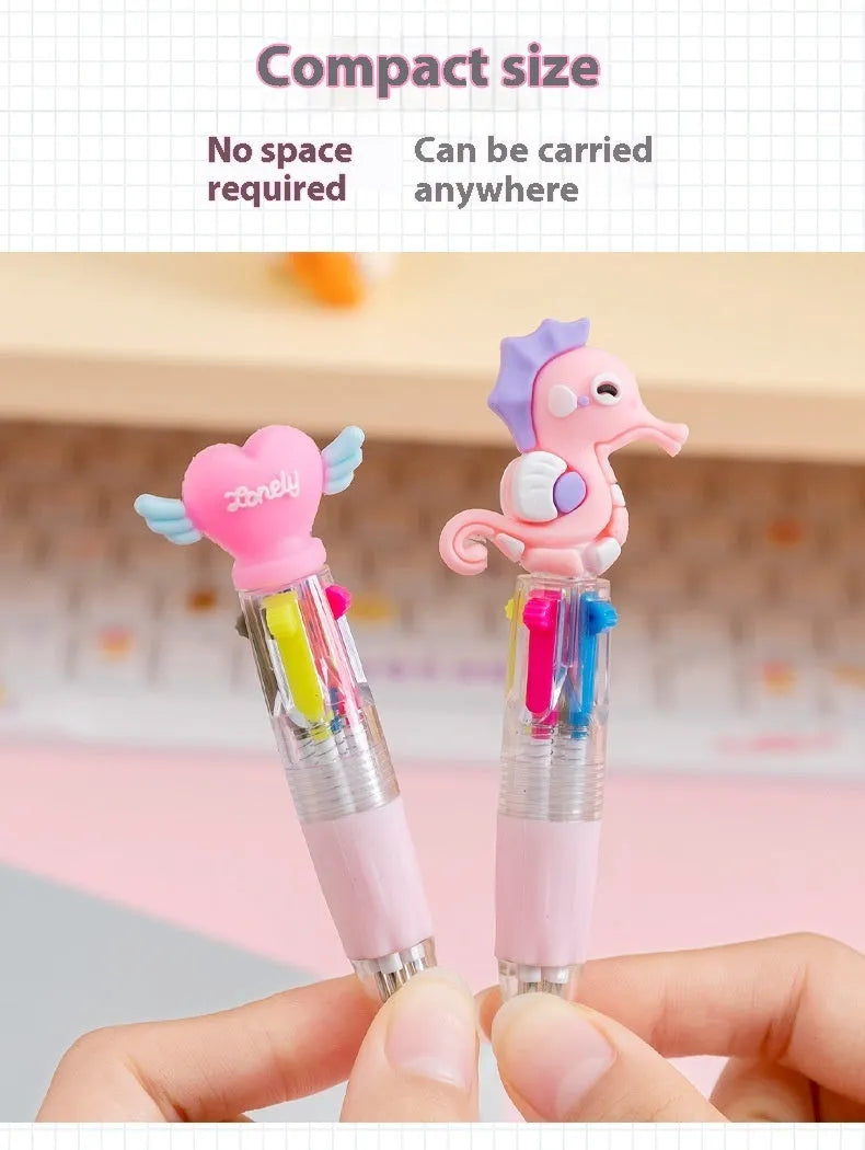 Four-colour press ballpoint pen with cartoon design, showing 0.7mm bullet tip and press-button colour selector.