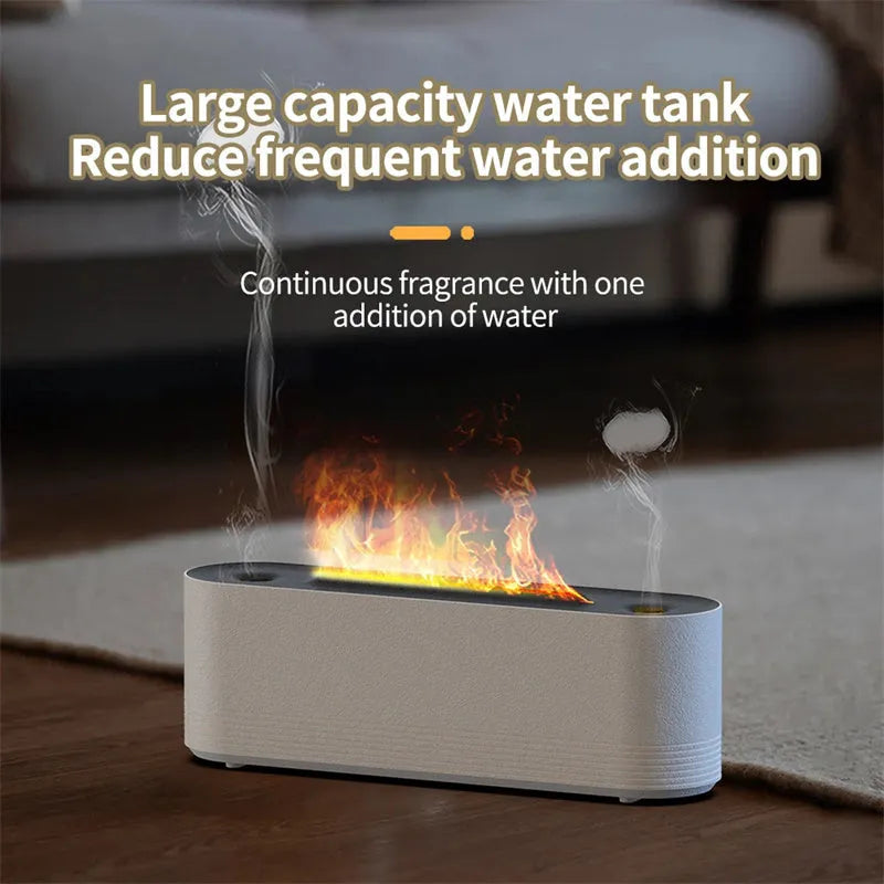 Black or white Flame Air ultrasonic humidifier and essential oil diffuser with LED flame lights on.