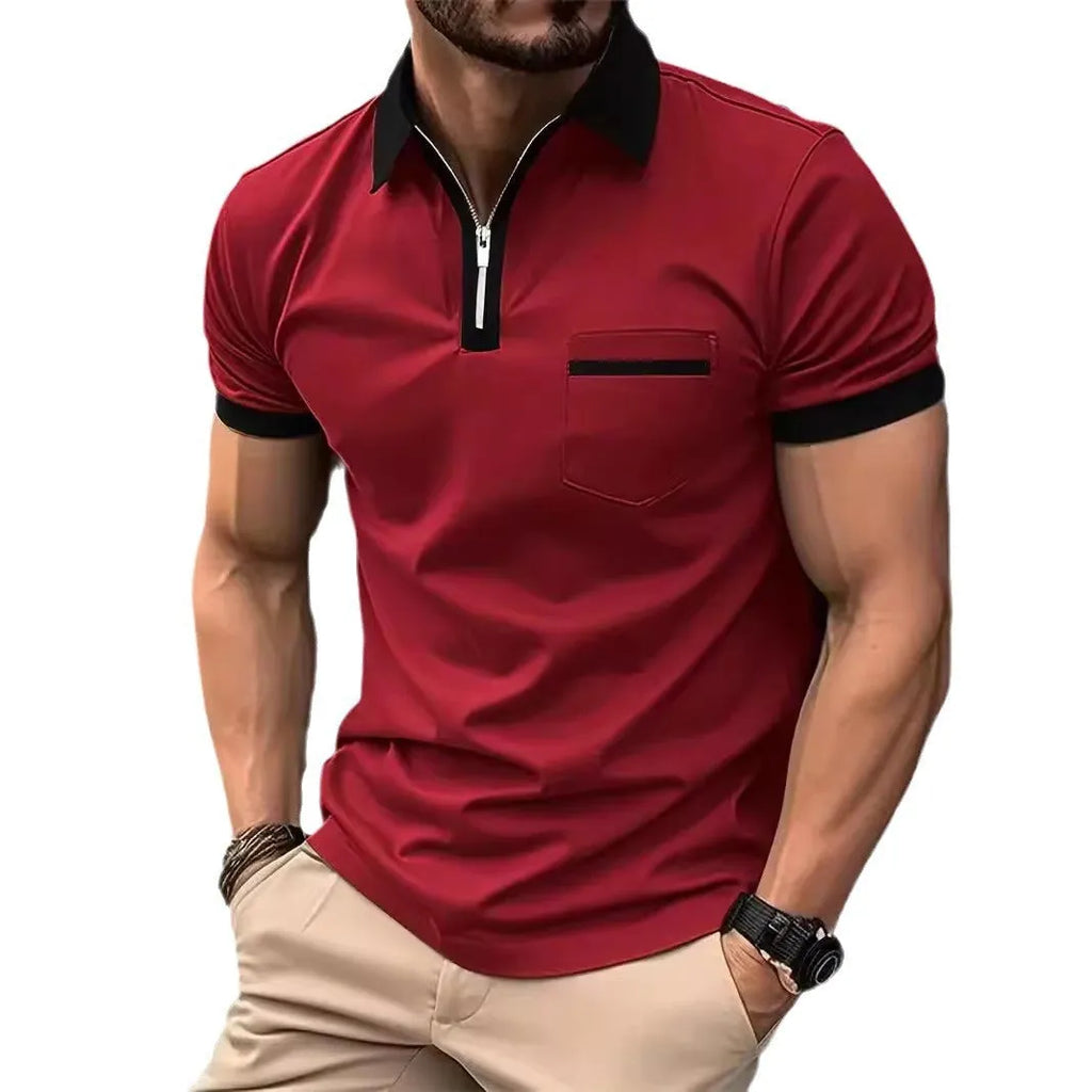 Men's loose-fit casual short-sleeved shirt with a chest pocket and decorative zip detail on the front.