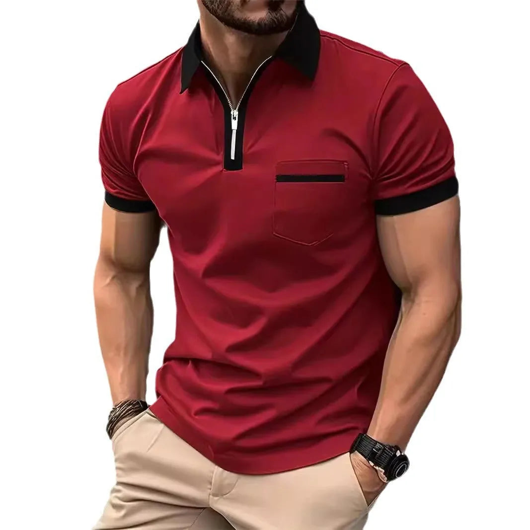 Men's loose-fit casual short-sleeved shirt with a chest pocket and decorative zip detail on the front.