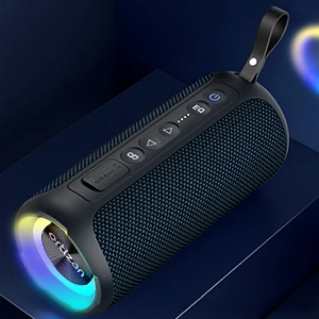 Black and blue fabric wireless Bluetooth speaker with multi-colour lighting and waterproof outdoor design