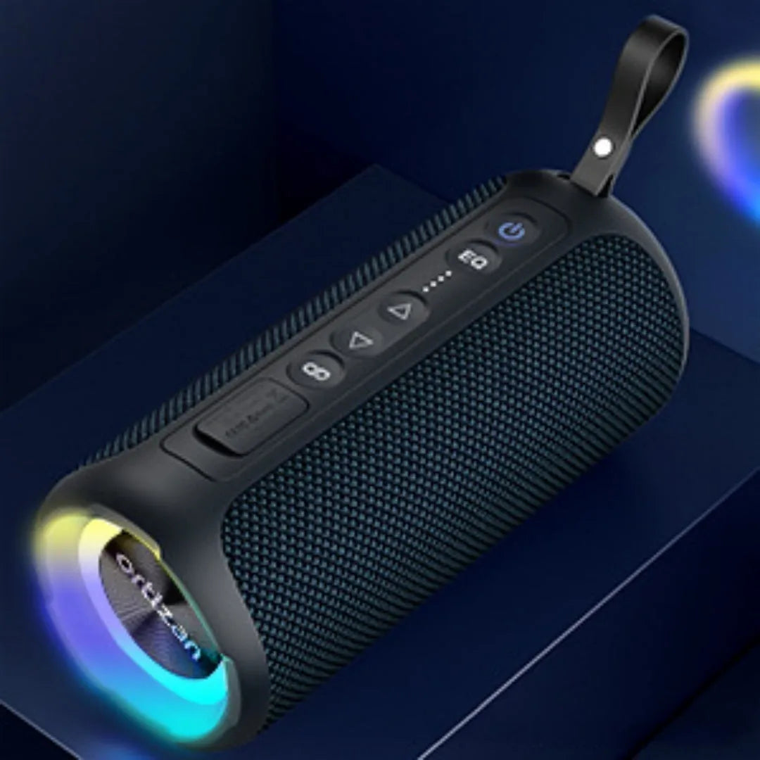 Black and blue fabric wireless Bluetooth speaker with multi-colour lighting and waterproof outdoor design