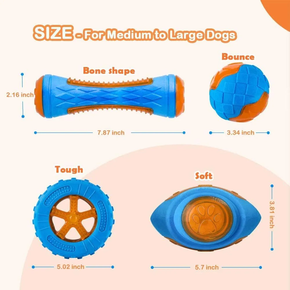 Set of three TPR floating squeaky dog toys: a red ball, blue barbell, and orange tyre with bumpy textures.
