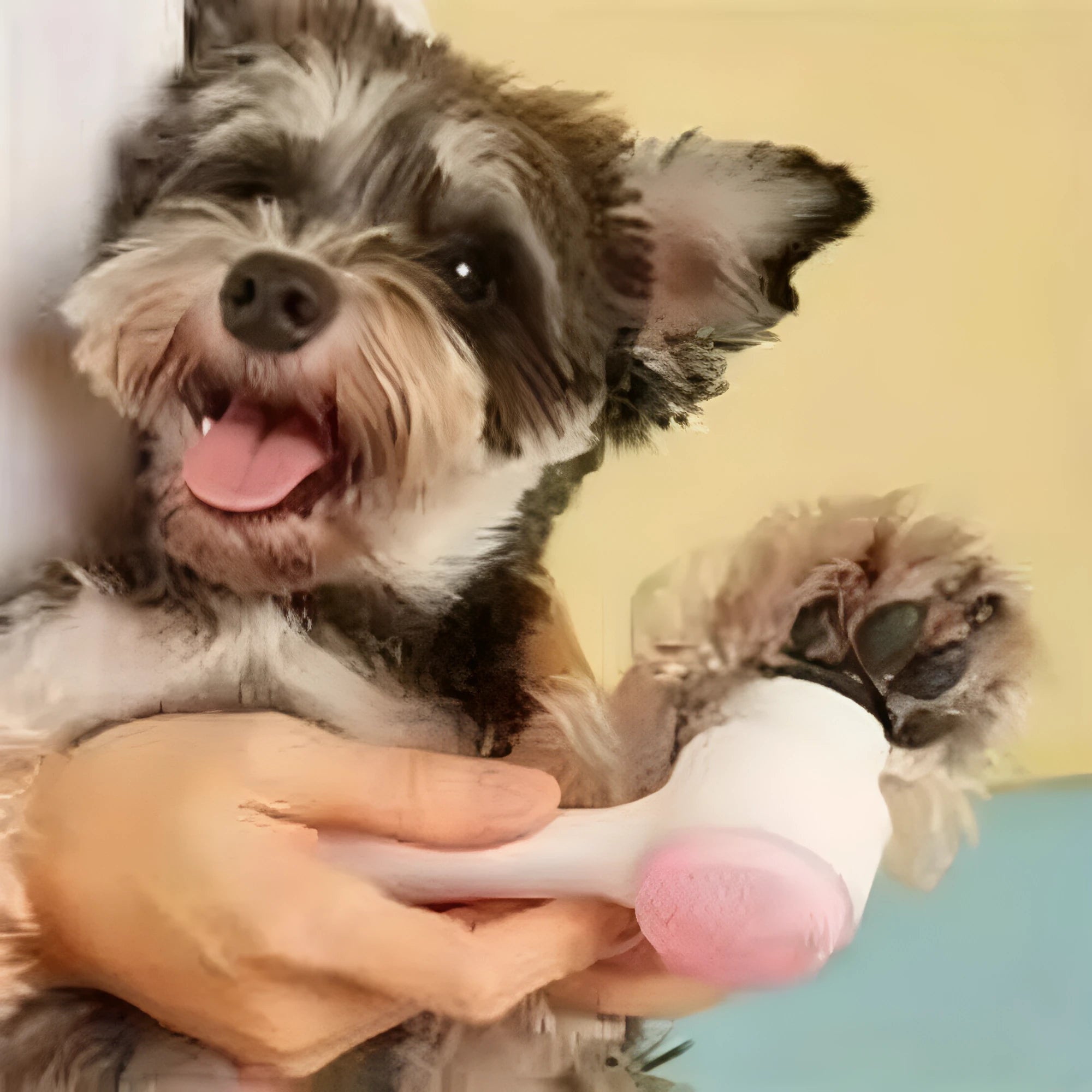 Blue and pink nylon pet paw brush for dog and cat grooming measuring 13.5cm long