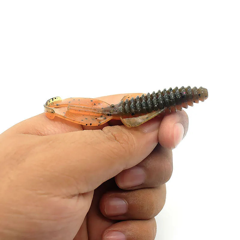 PVC soft bait fishing lure on a hook showing one of twelve colour options, with 8cm and 12cm sizes available.
