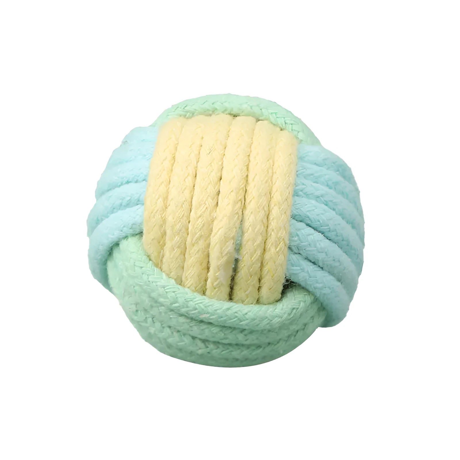 Small handmade cotton plush ball cat toy in blue powder, green blue, or pink green colours, 5cm diameter.