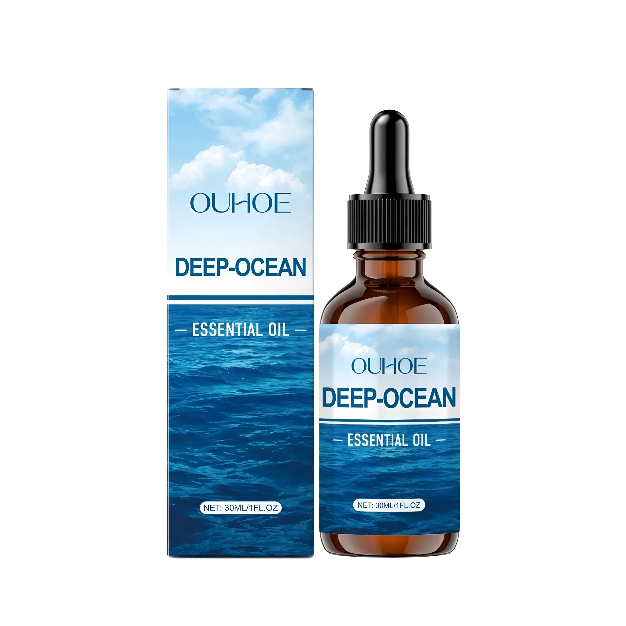 30ml glass bottle of Deep-Ocean essential oil blend with grape seed oil and vitamin E.