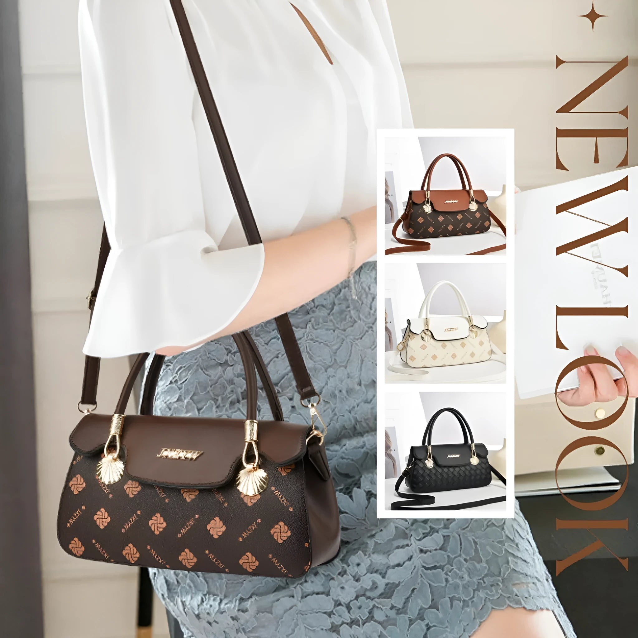 Vintage letter-printed women's cross-body handbag in brown PU with single shoulder strap and polyester lining