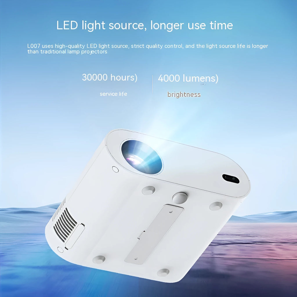 White T07 Full HD Smart Projector with remote control on stand