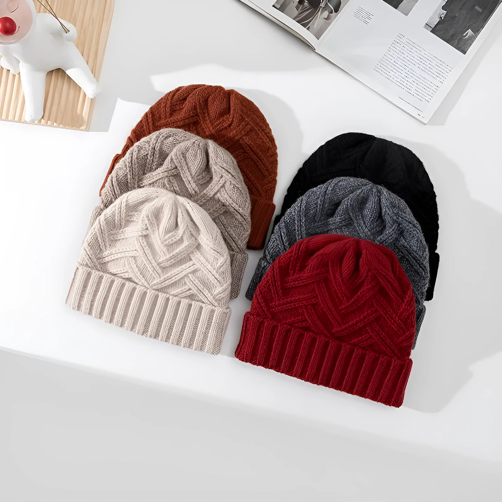 Women's wool knitted dome crown winter hat in six colour options including ivory white, khaki, red, brown, grey and black