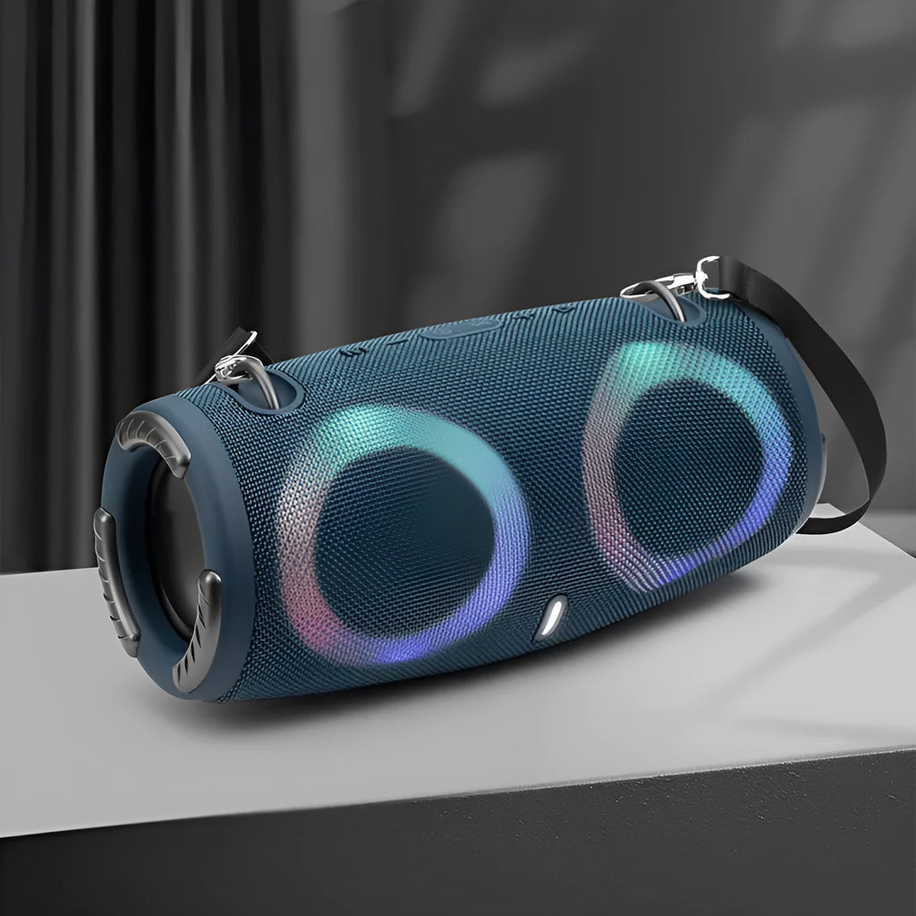 War Drum portable Bluetooth speaker with RGB coloured lights in black, blue, red, silver grey, or camouflage colour
