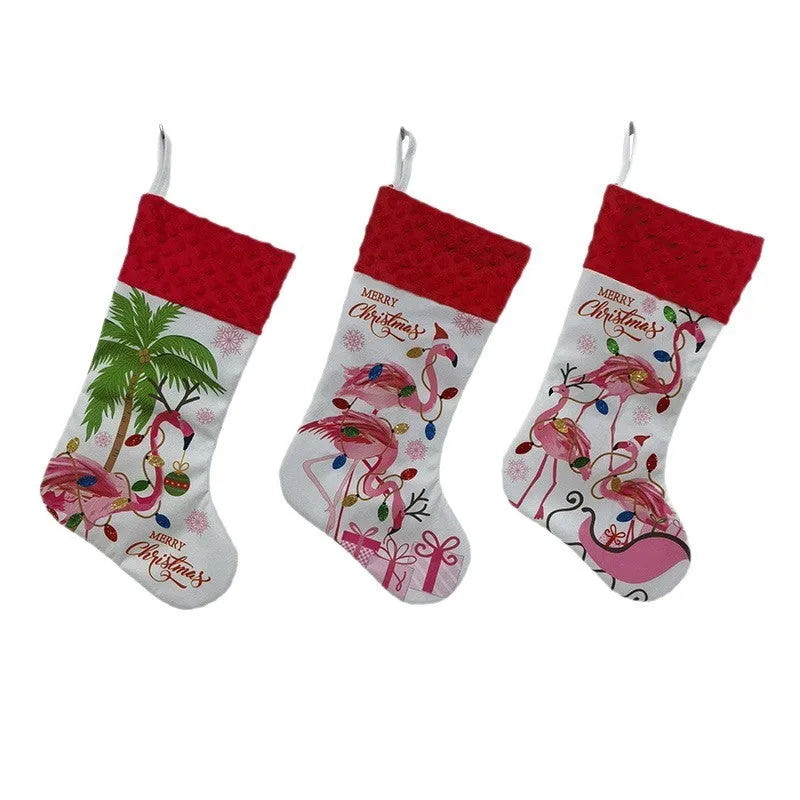 Flamingo Christmas stocking ornament in cloth fabric measuring 46cm by 28cm