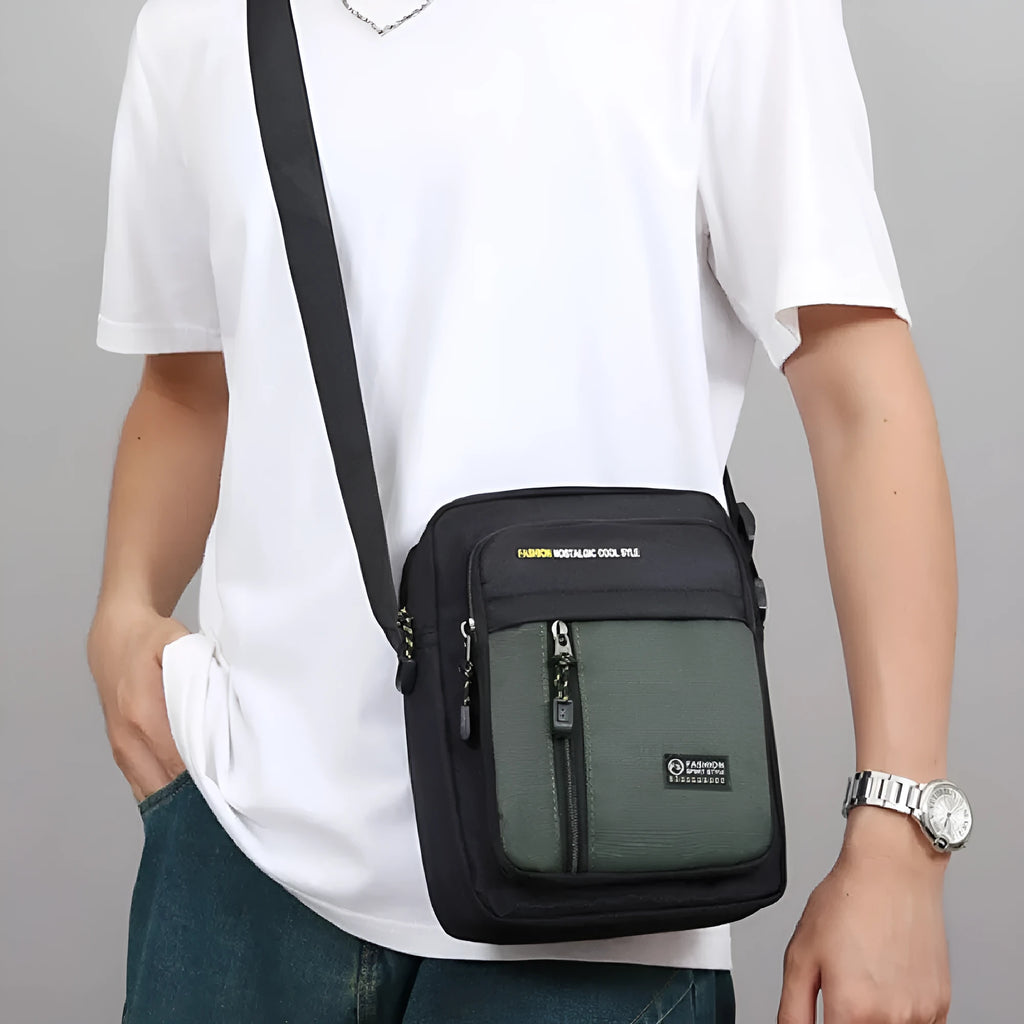 Men's casual nylon messenger bag in crossbody design with sewing thread detailing