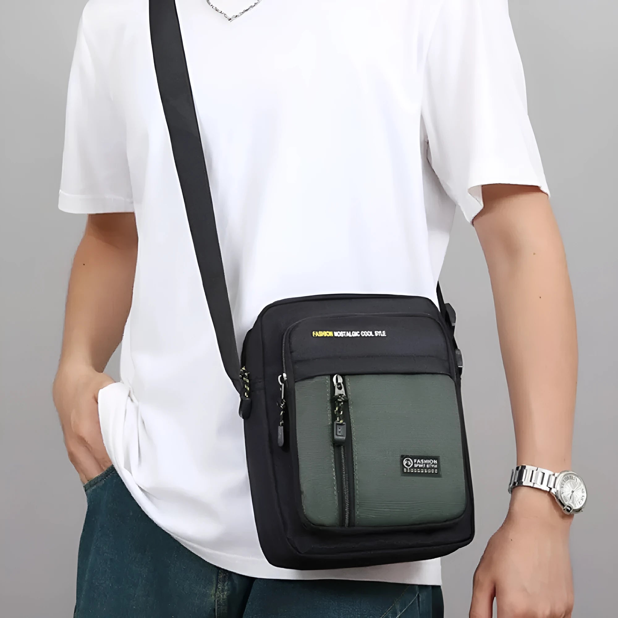 Men's casual nylon messenger bag in crossbody design with sewing thread detailing