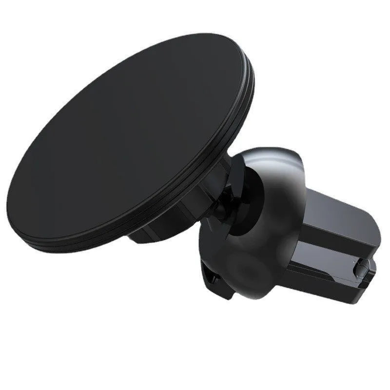 Black aluminium alloy magnetic car phone holder mounted on car air vent