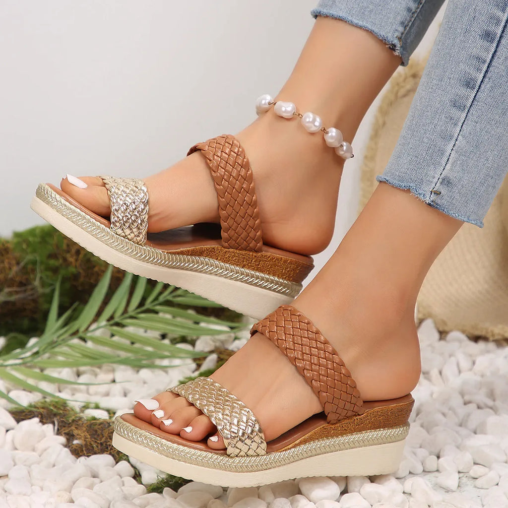 Gold and silver plus-size women's wedge sandals with PU upper and rubber sole.