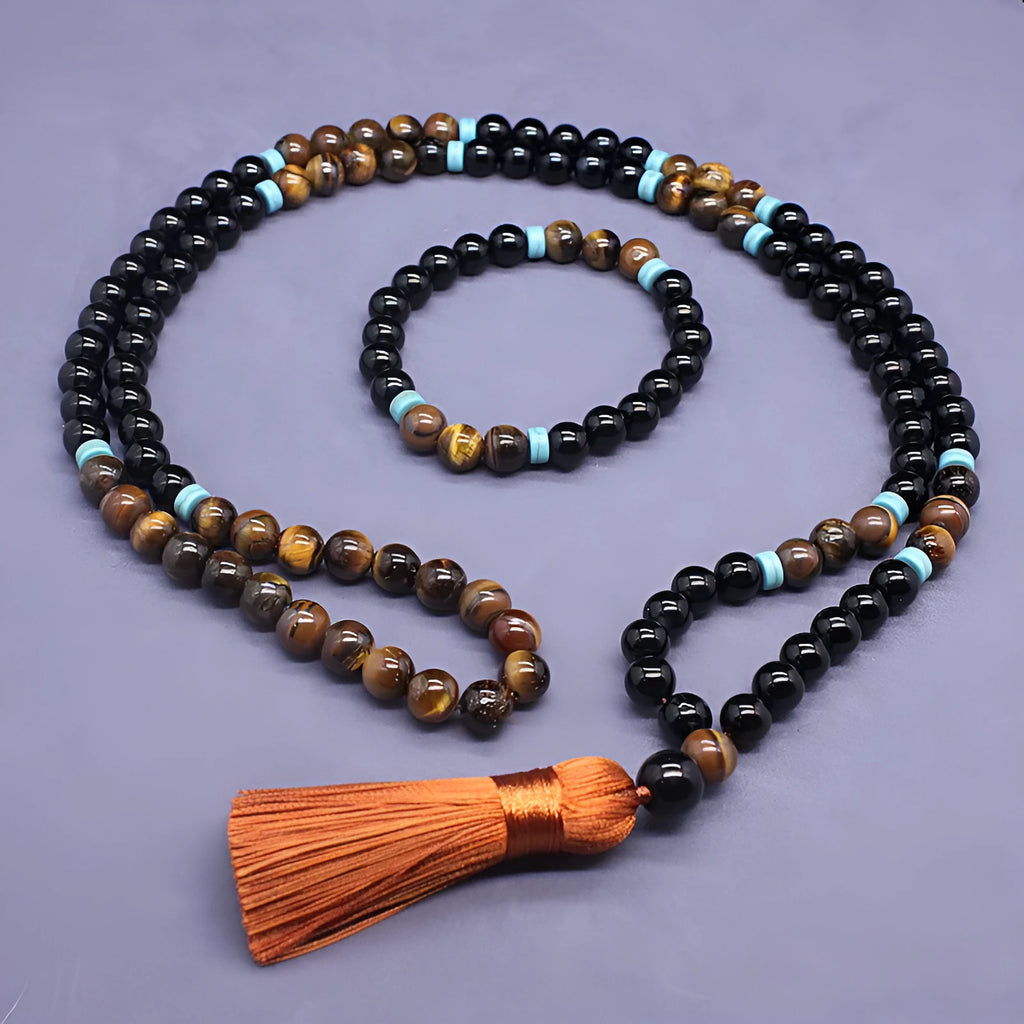 Black agate and tiger eye stone jewellery set with geometric bracelet and necklace