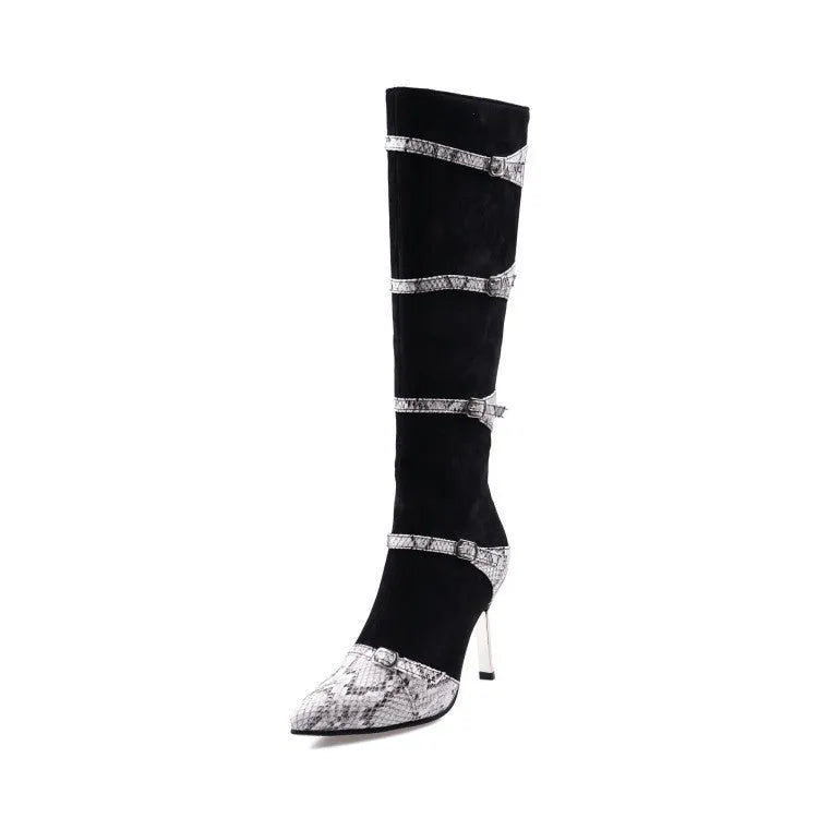 Women's black knee high heeled boots with a 9cm thin heel and velvet lining on a grey background.