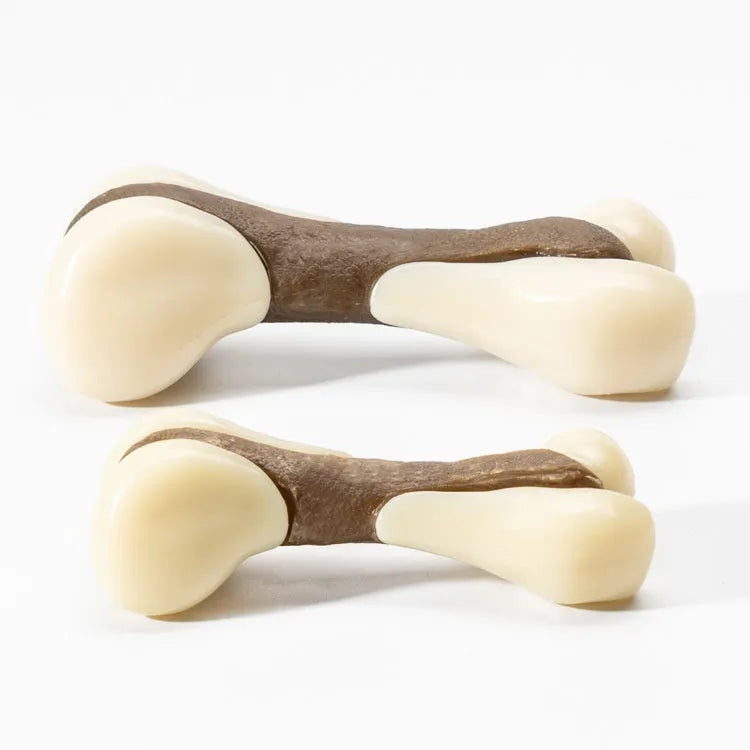 Dog bone grinding rod chew toy in two sizes with cowhide nylon construction