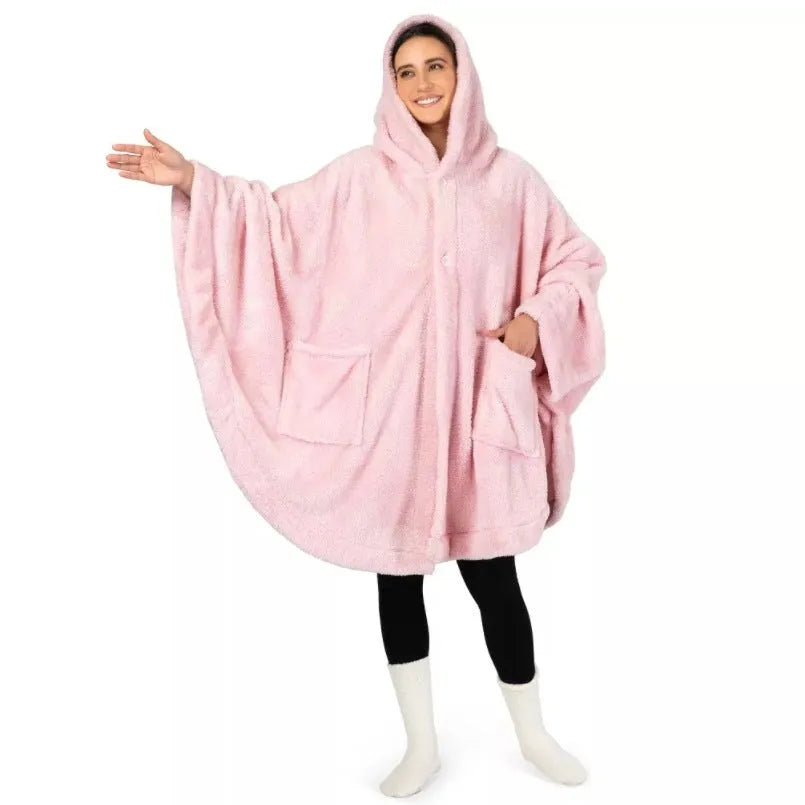 Thickened hooded bathrobe in polyester shown in black, dark grey and pink colour options