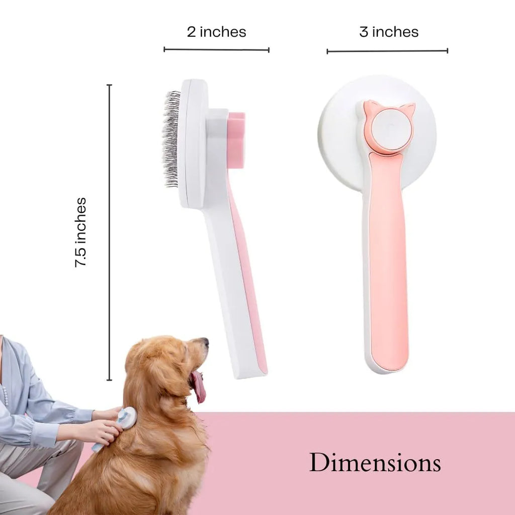 Blue self-cleaning pet grooming slicker brush with ergonomic rubber handle on a table