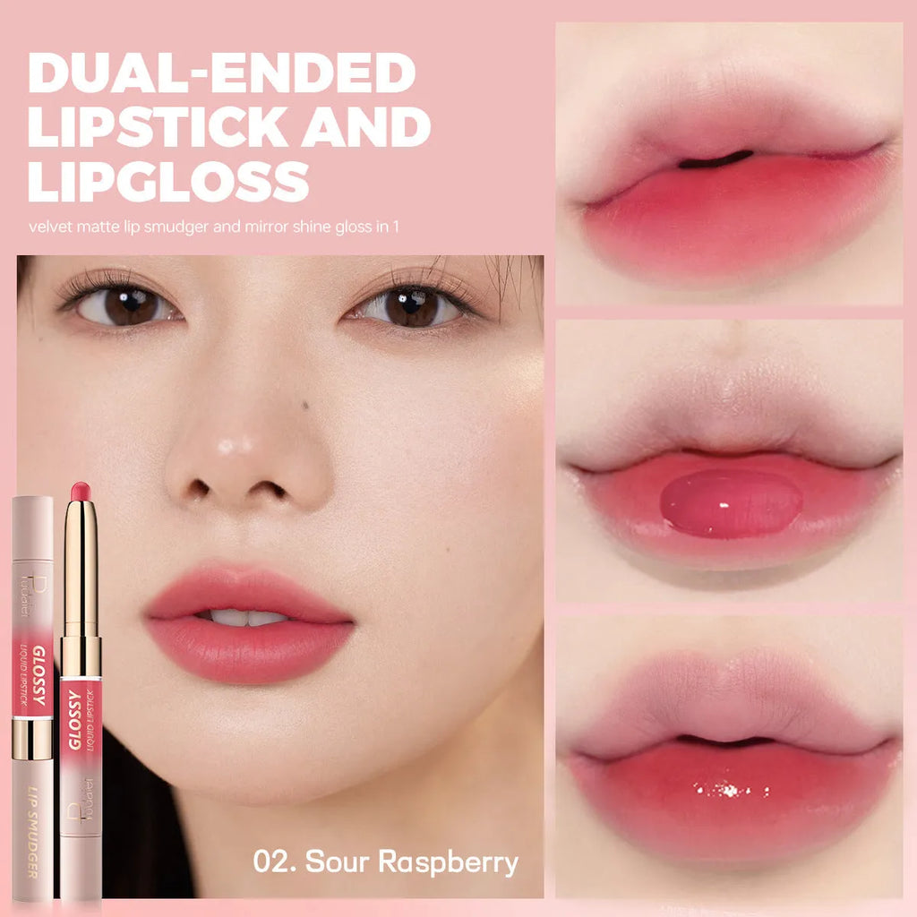 Double-ended lipstick and lip gloss stick showing matte lipstick bullet and glossy applicator