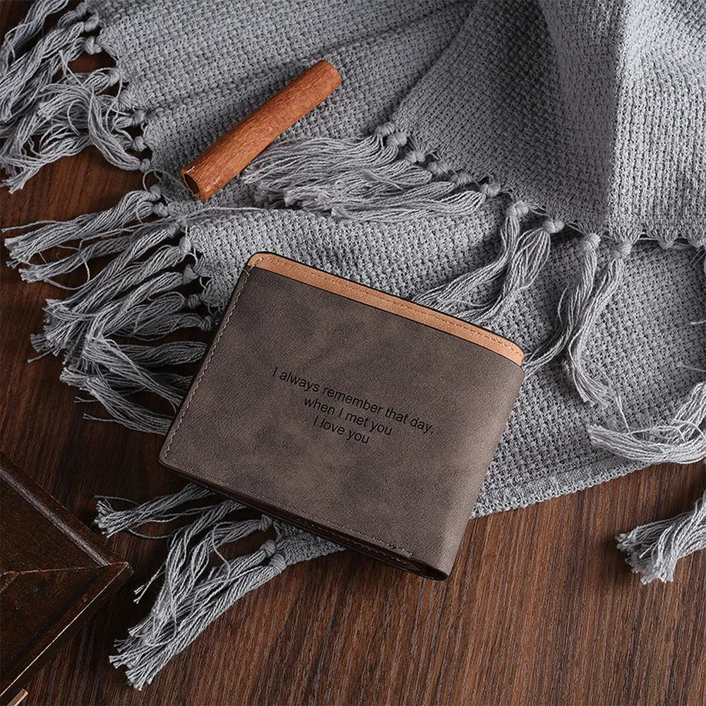 Coffee coloured horizontal short wallet with photo engraving personalisation