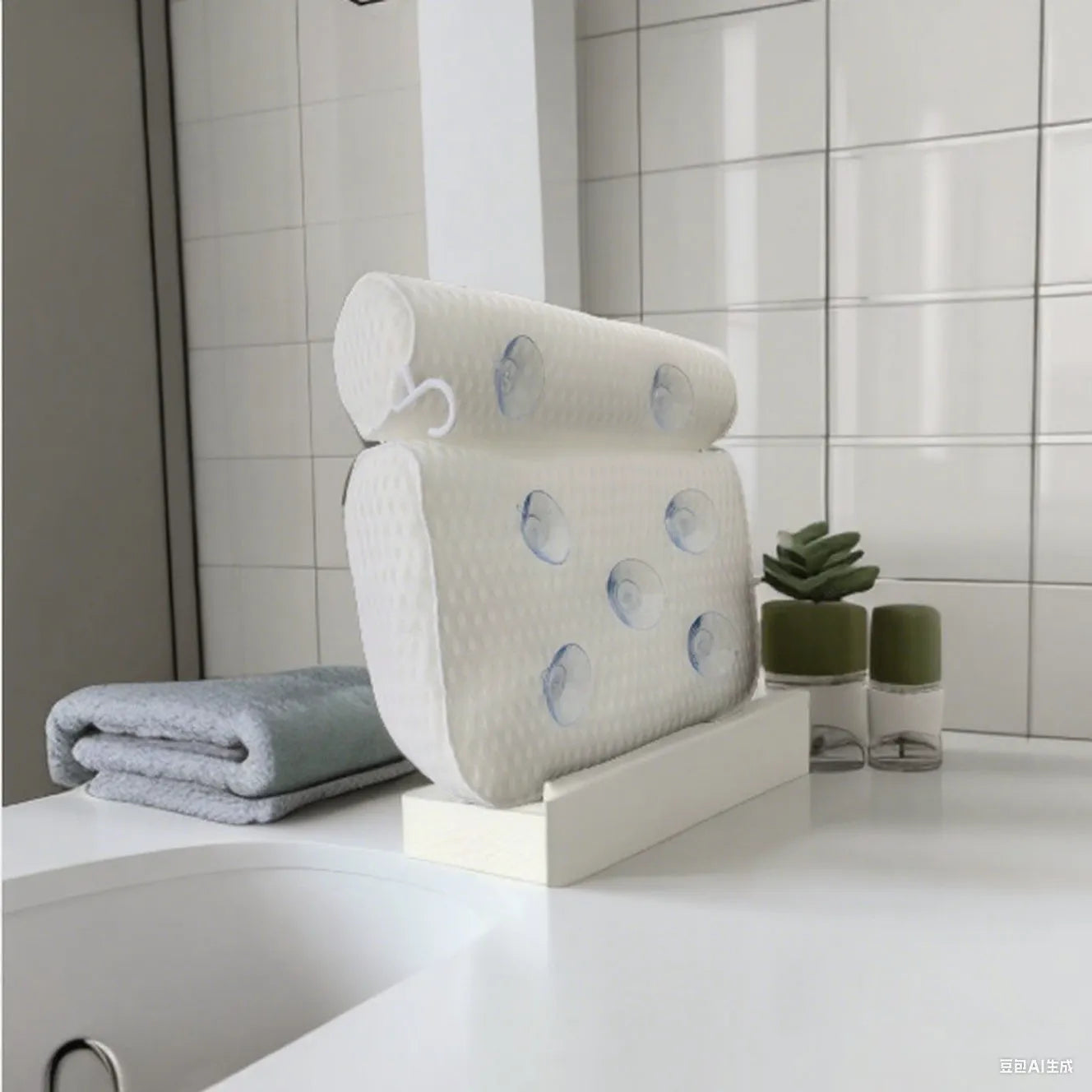 White 3D mesh bathtub pillow with multiple suction cups, shown on a bathtub.