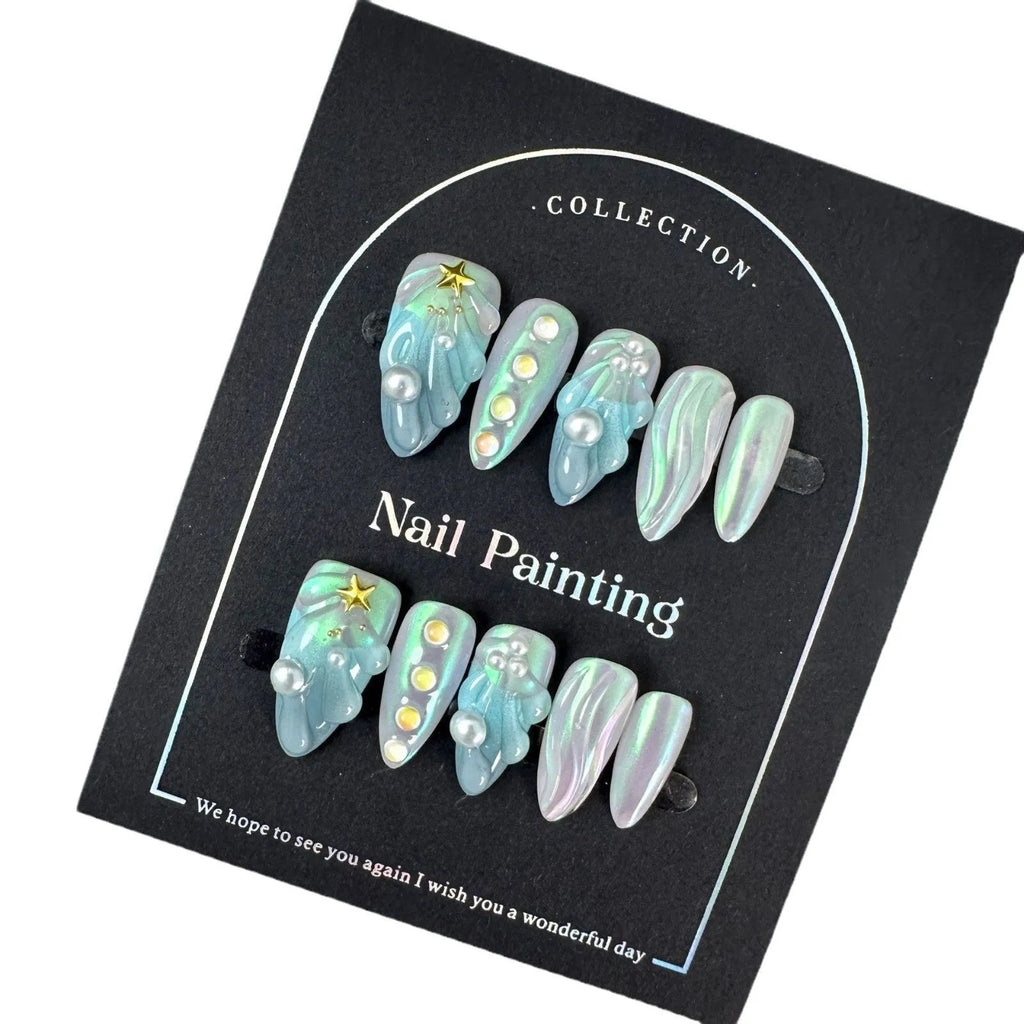 HAILANG blue shell pattern plastic artificial nail tips set showing sizes XS, S, M, L