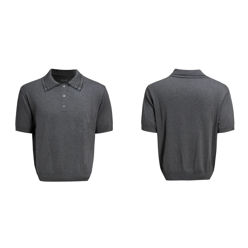 Men's double collar polyester short sleeve shirt in black with loose fit and fastener decoration