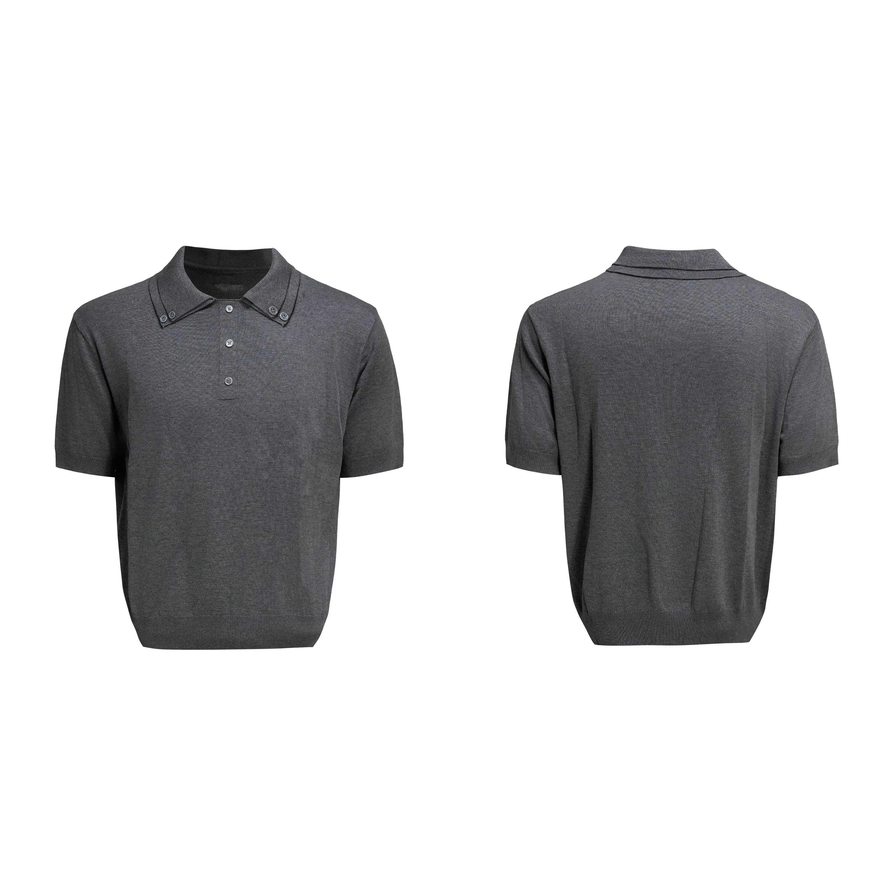 Men's double collar polyester short sleeve shirt in black with loose fit and fastener decoration