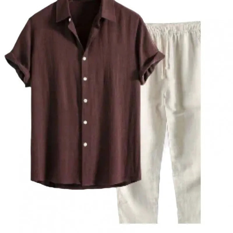Men's casual linen-look shirt and trousers set in loose fit design with short sleeves