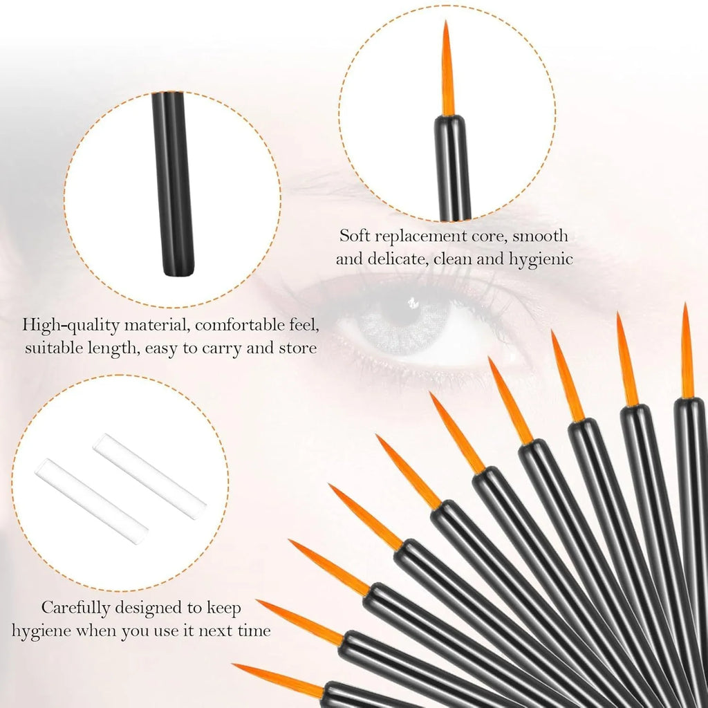 Pack of 100 black disposable eyeliner brushes with fine pointed tips and clear plastic sleeves.
