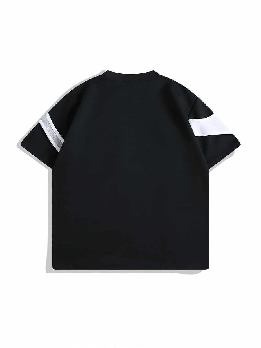 Black loose fit T-shirt with padded shoulders and a round neck on a white background