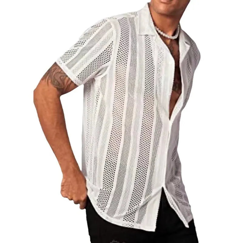 Men's black knitted short-sleeved cardigan shirt with jacquard pattern and button front.