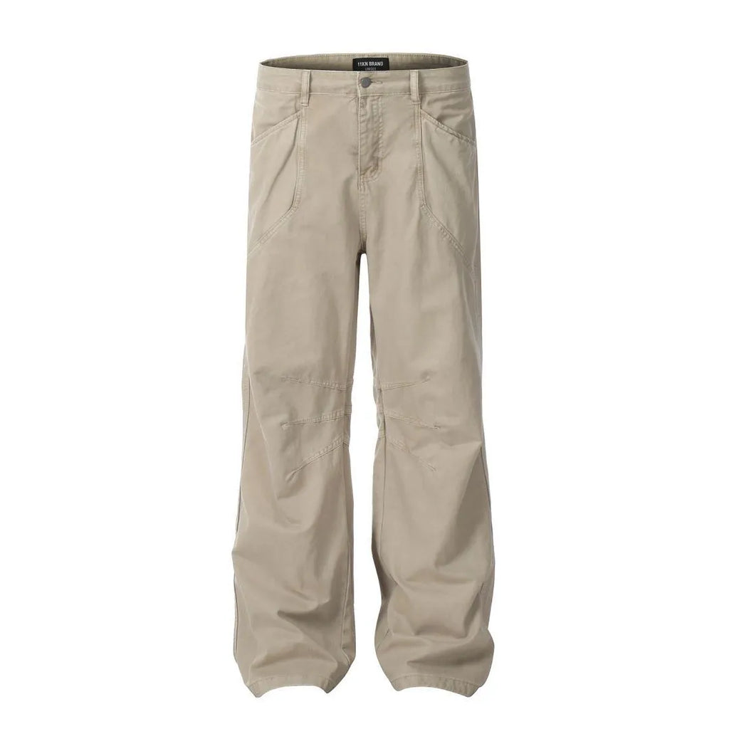 Men's loose straight-leg cotton trousers in brown with high-waist design and straight leg opening