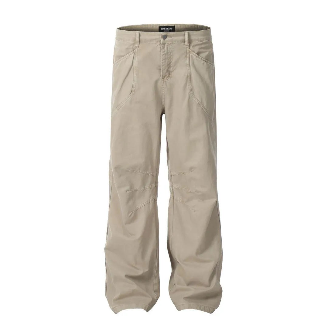 Men's loose straight-leg cotton trousers in brown with high-waist design and straight leg opening