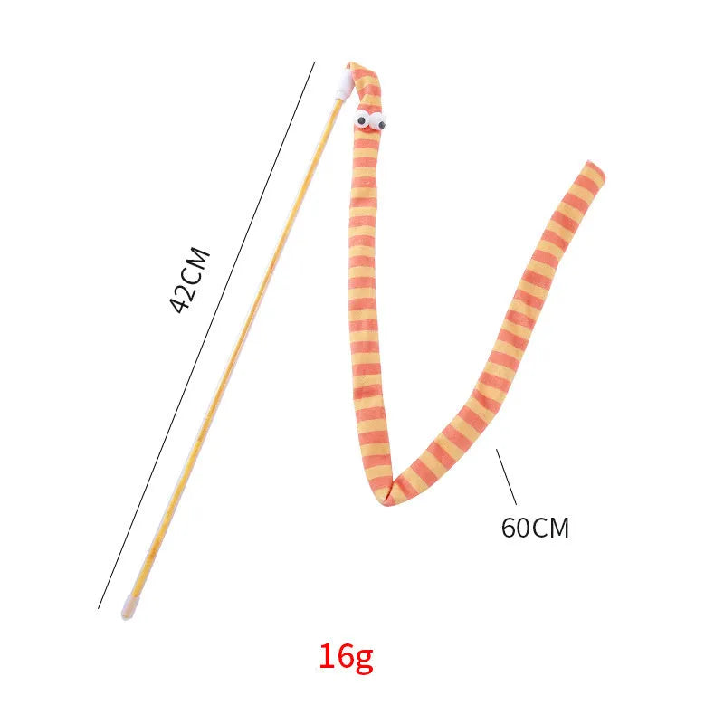 Cat wand toy with polycarbonate pole and colourful plush strip for interactive play