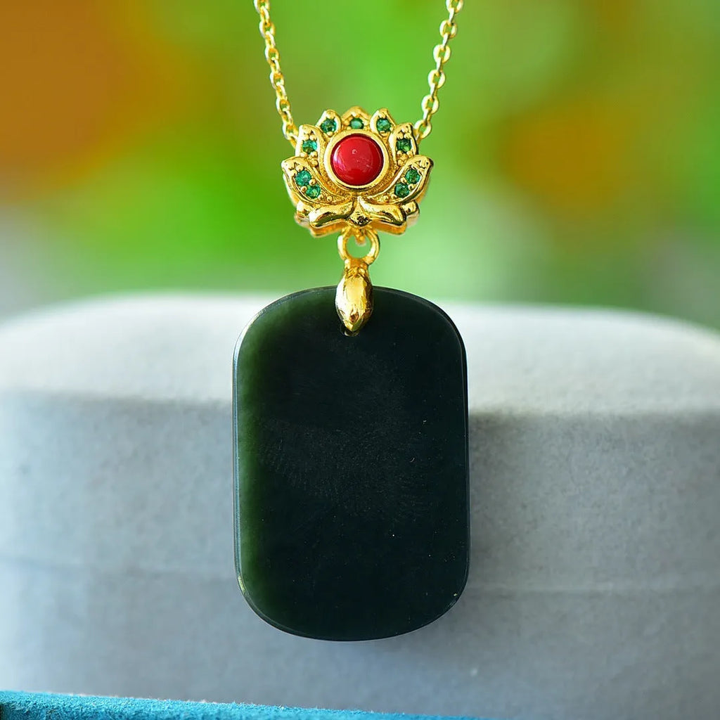 Natural Hetian Jade flat pendant with copper inlay detailing on chain, minimalist contemporary jewellery