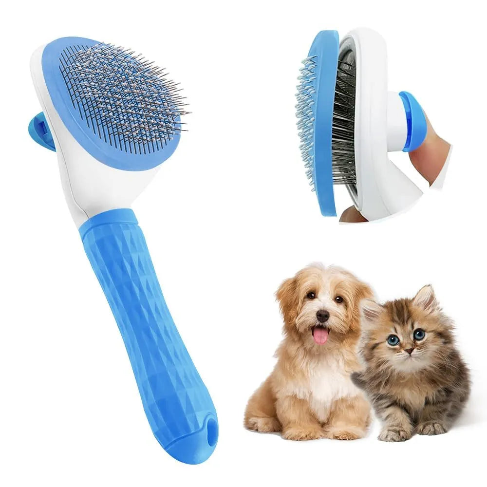 Blue cat grooming brush with release button and fine wire bristles for removing loose pet hair