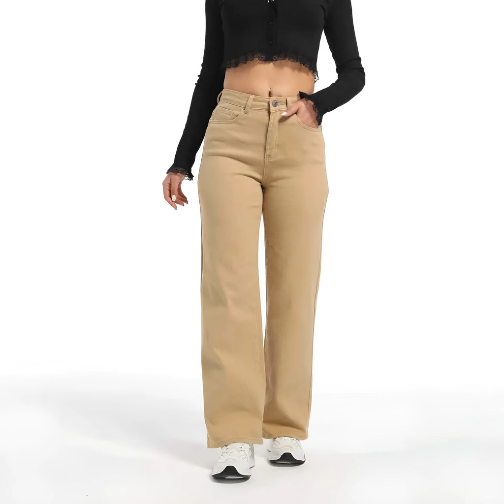 Women's autumn straight leg jeans in wide leg high waist style, apricot colour