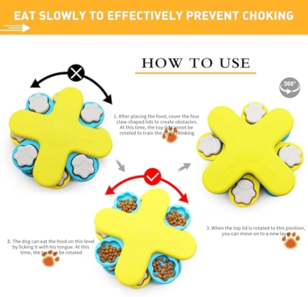 Yellow dog puzzle feeder toy with rotating lids and anti-slip rubber pads on base