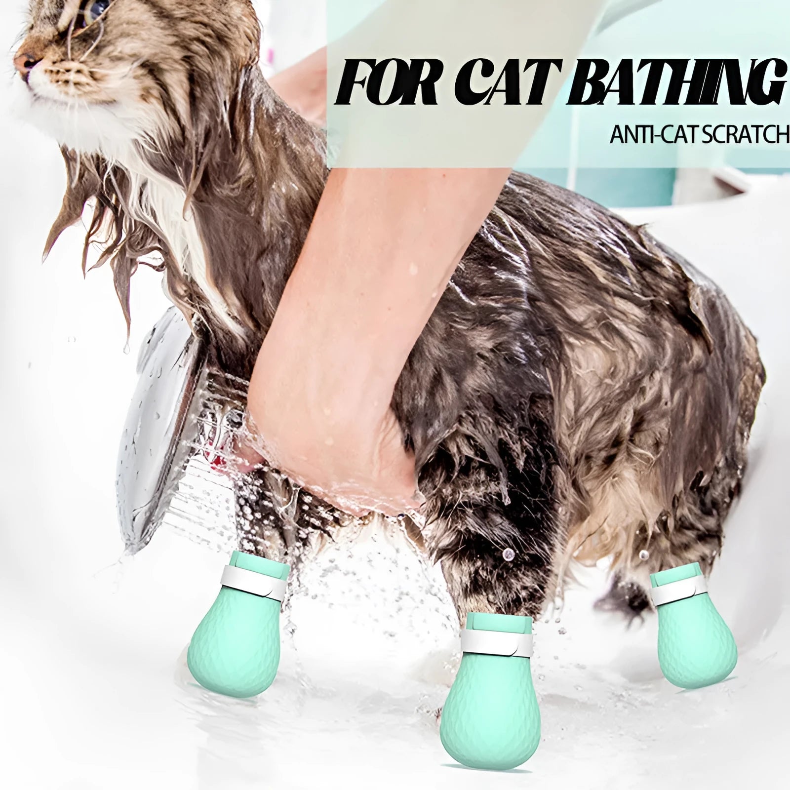Four green silicone cat paw scratch protection covers for pet grooming.