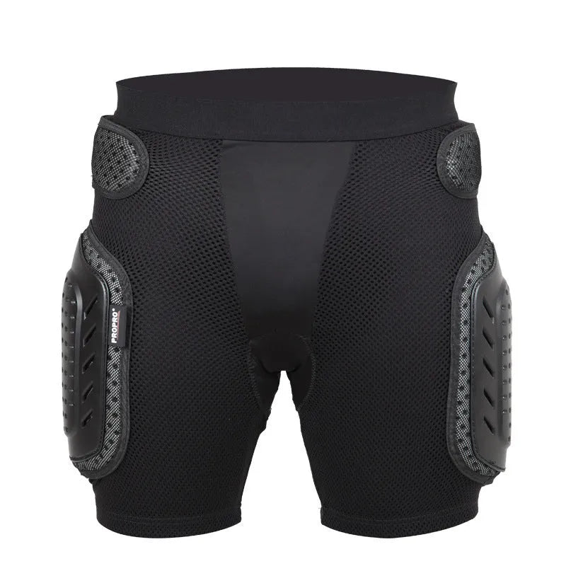 Black cycling protective pants with integrated hip and thigh impact foam pads on a mannequin