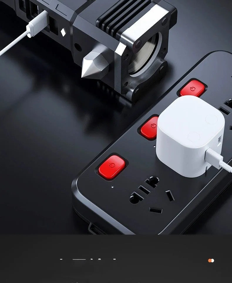 Silver coloured portable LED emergency work light and power bank with strong beam flashlight.