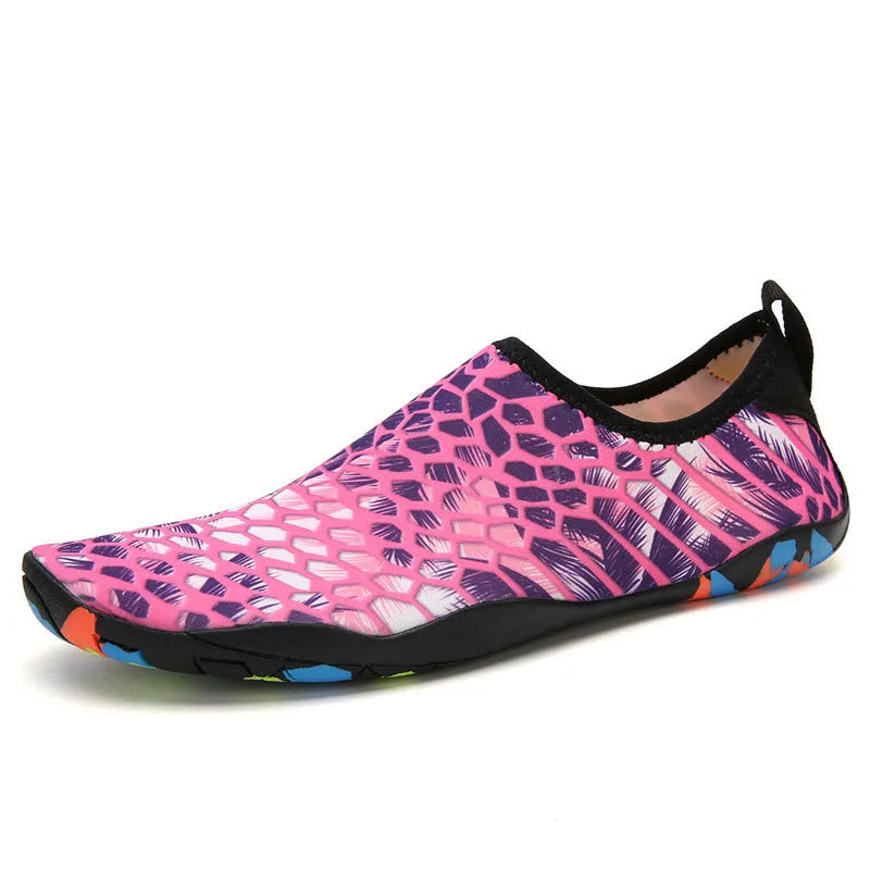 Lycra fabric beach wading shoes for swimming in blue, black, pink, purple, and camouflage colours
