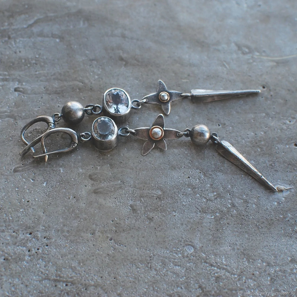 Geometric long pendant earrings with XINGX design and rhinestones in antique silver