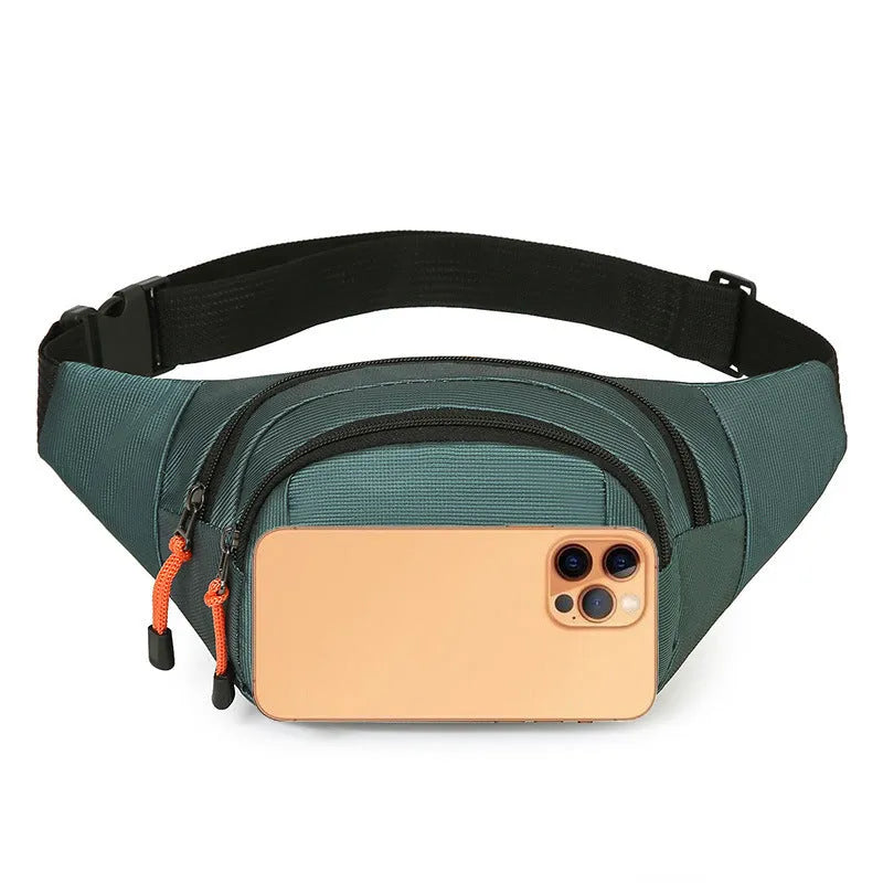 Waterproof slanted chest bag in nylon, shown in one of four colours: black, grey, blue, or green.